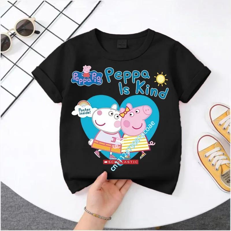Peppa Pig children's Polyester short-sleeved boys' sports shirt and girls' casual top, 2026 summer T-shirt with cartoon print