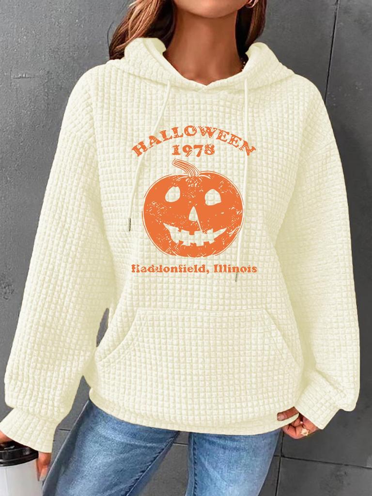 Women's Halloween Print Waffle Knit Hooded Sweatshirt with Kangaroo Pocket - European Size