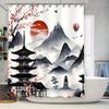 Elegant Japanese Landscape Shower Curtain - Artistic Mountain And Pagoda Design For Home Decor - Waterproof And Durable