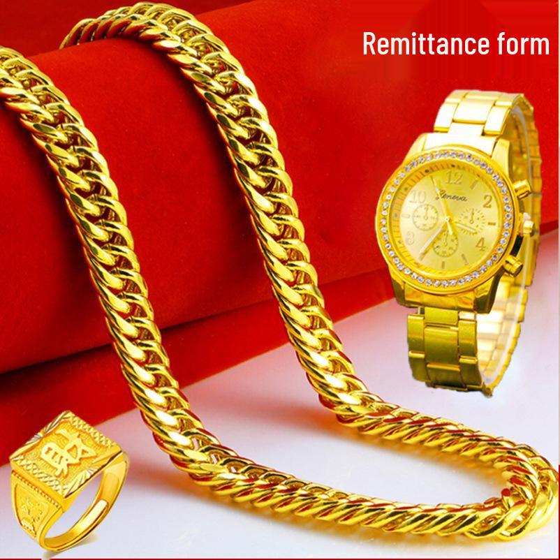 Unique Vietnam-Inspired Gold Necklace & Non-Fading Gold Watch Set for Men