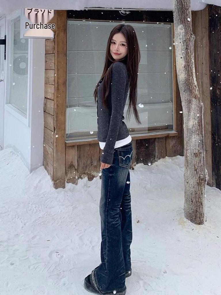 Elegant Grijs Faux Tweestuk Dames T-shirt in Koreaanse Stijl - Herfst/Winter Slankmakend Basislaag Top