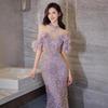 Evening dress female neck   new light luxury niche banquet host toast suit purple fishtail sequined dress