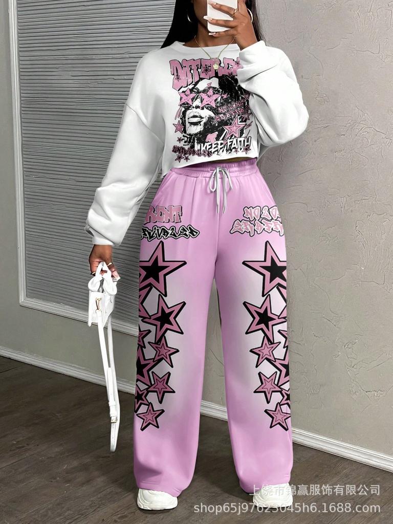 Tuta pantalone con maglione girocollo a fantasia stampata con lettere da donna, nuova tendenza autunno e inverno, tuta casual alla moda
