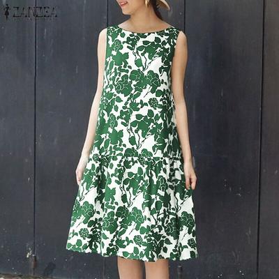 Women Casual Floral Print O-neck Sleeveless Dress