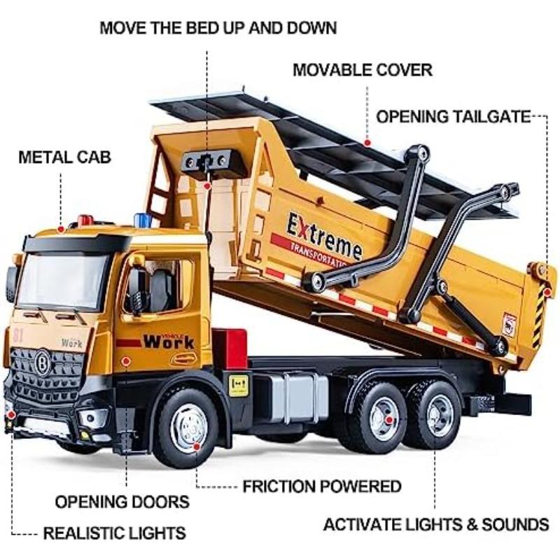 1/24 Scale Dump Truck Toy Metal Die Cast Construction Truck Toys with Simulated Sounds and Lights,Dump Truck Toy with Openable Rear HoodDump Trucks