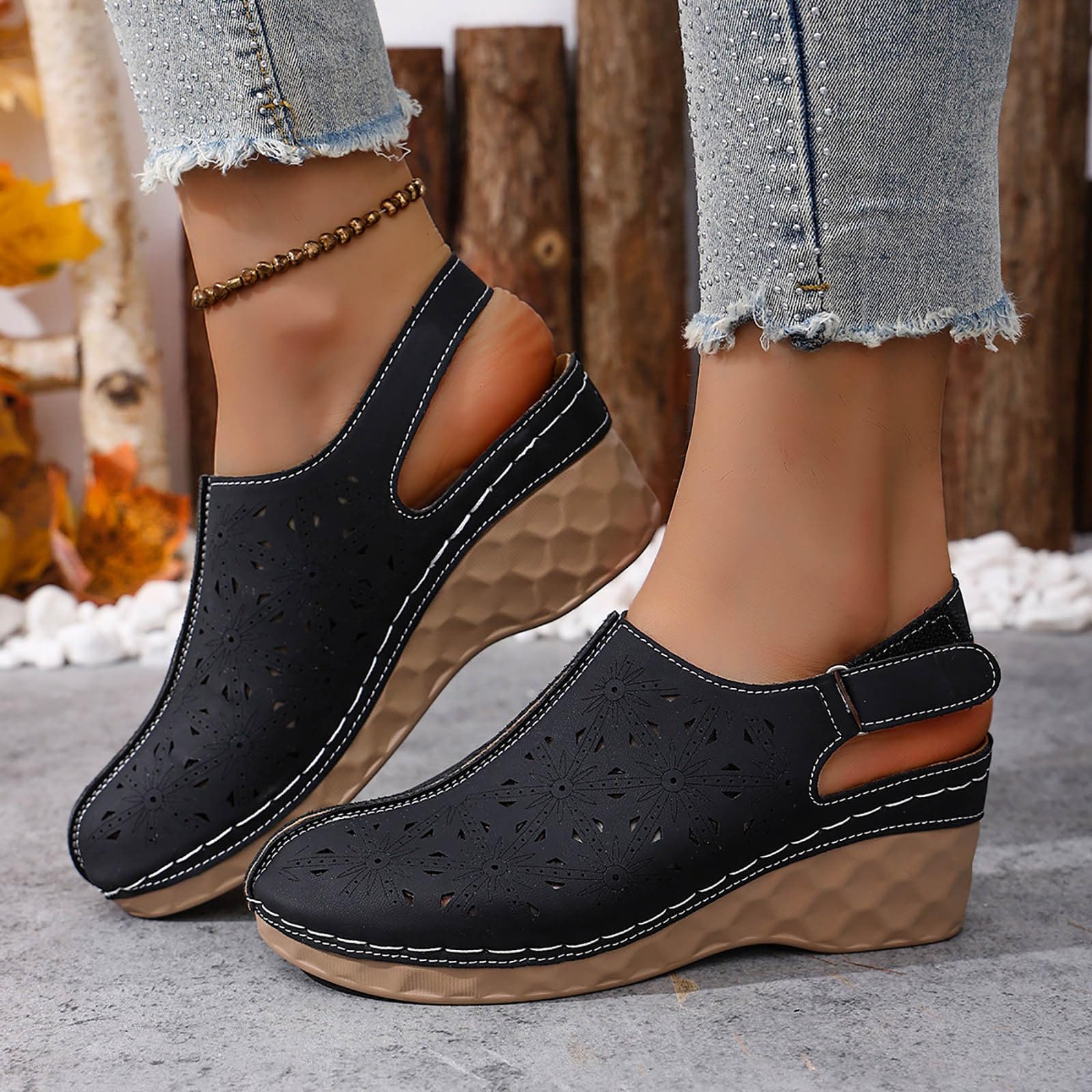 Summer hollow out oversized sponge cake toe cap comfortable casual sandals 41 чёрный