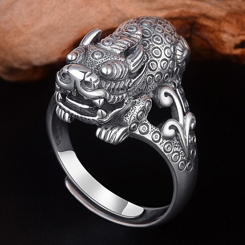 Adjustable Open Ring Men Women Plated Lucky Pixiu Charm Wide Band Statement Retro Ethnic Style
