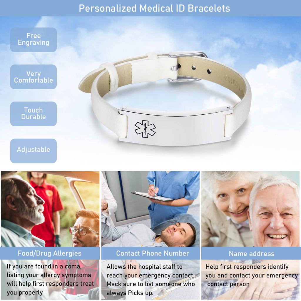 Free Engraving Medical Alert ID Bracelets Womens, Customized Adjustable Leather Chain Wrap Bracelets for Anxiety Type 2 Diabetes