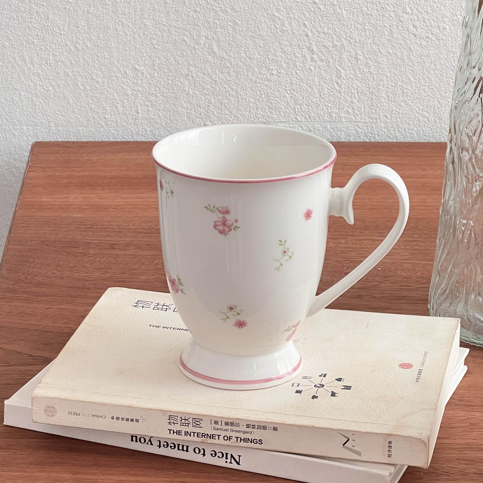 

ins cute cherry blossom pink edge coffee cup saucer high value floral ceramic mug retro light luxury afternoon teacup 130ml-300ml