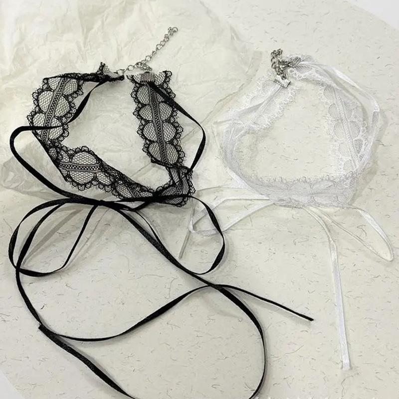 Neue Mode Unifarbene Spitze Blume Band Choker Halsband Schwarz Weiß Halskette Vintage Y2K Choker Kette Halsketten Party Schmuck
