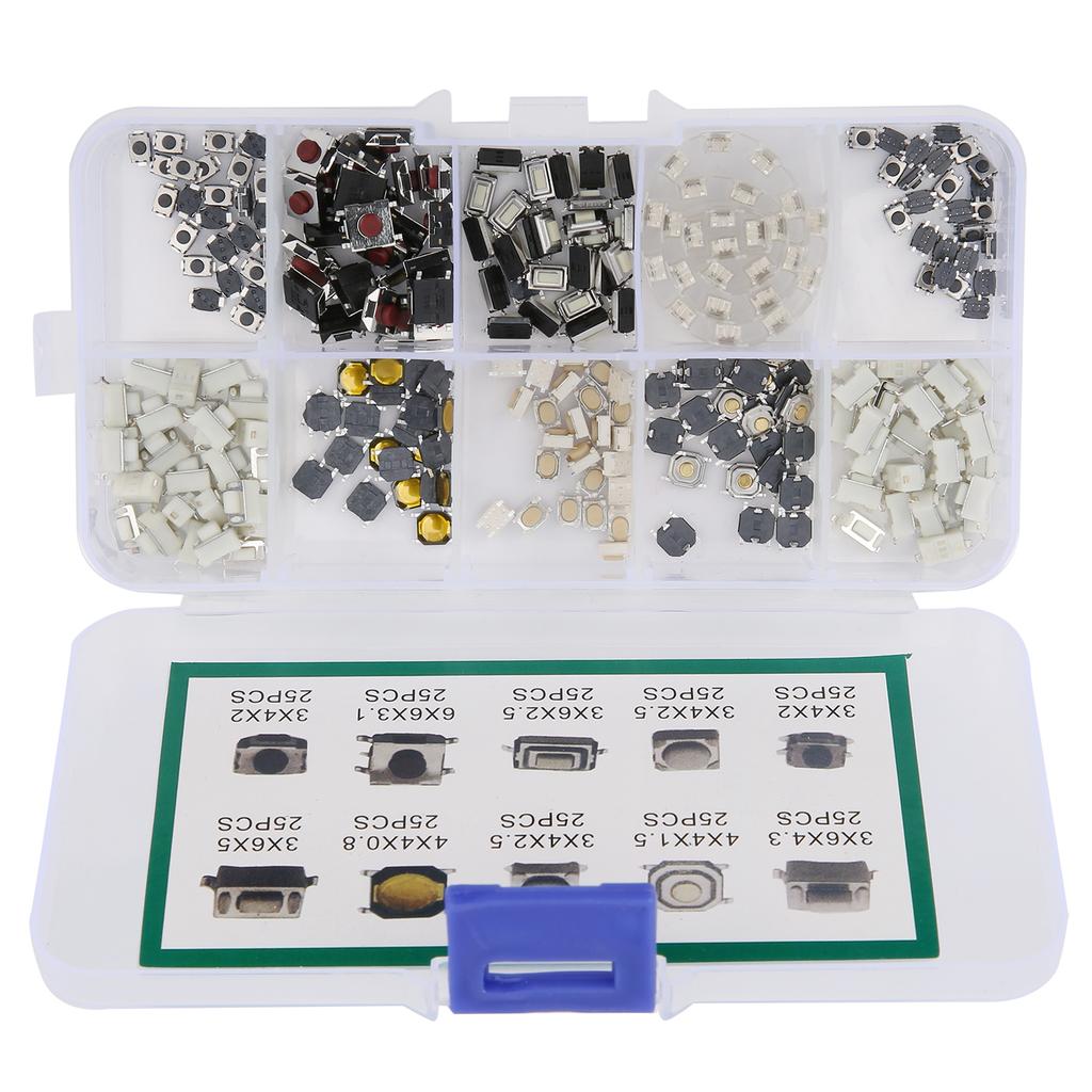 250Pcs Tactile Push Button Switch 10 Types Micro Switch Kit for DIY Electronic Products