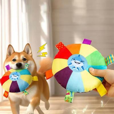 2 Stück Regenbogen Plüsch Frisbee Hundespielzeug Interaktives Soundspielzeug Outdoor Trainingsspiel Hundekauspielzeug für kleine große Hunde