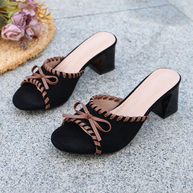 Plus Size Women Suede Bow Open Toe Chunky High Heel One Strap Slide Slippers