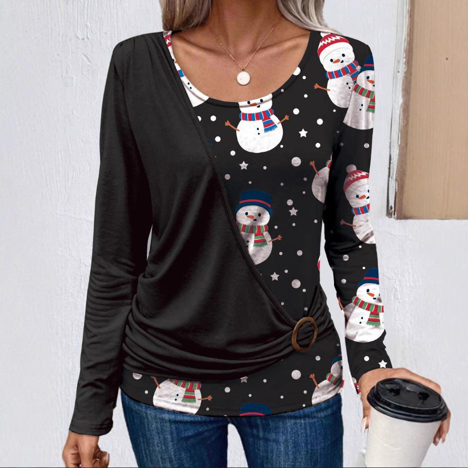 

Women s Long-sleeved Round Neck Printed Patchwork Casual T-shirt S чёрный