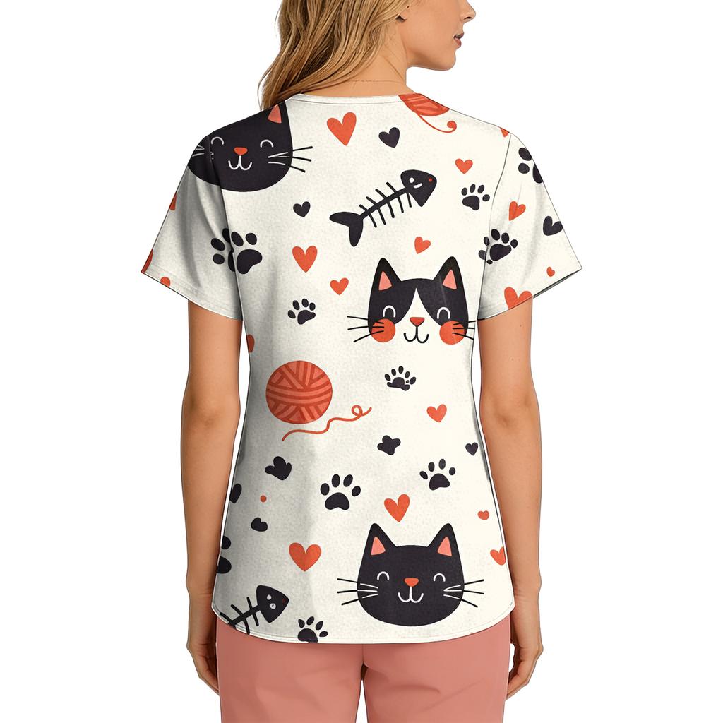Women's Casual Short-Sleeve Cute Animal Print V-Neck Pocket Workwear Top