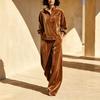 Women's Casual Velvet Two Piece Set Long Sleeve Sweatshirt and Wide Leg Pants