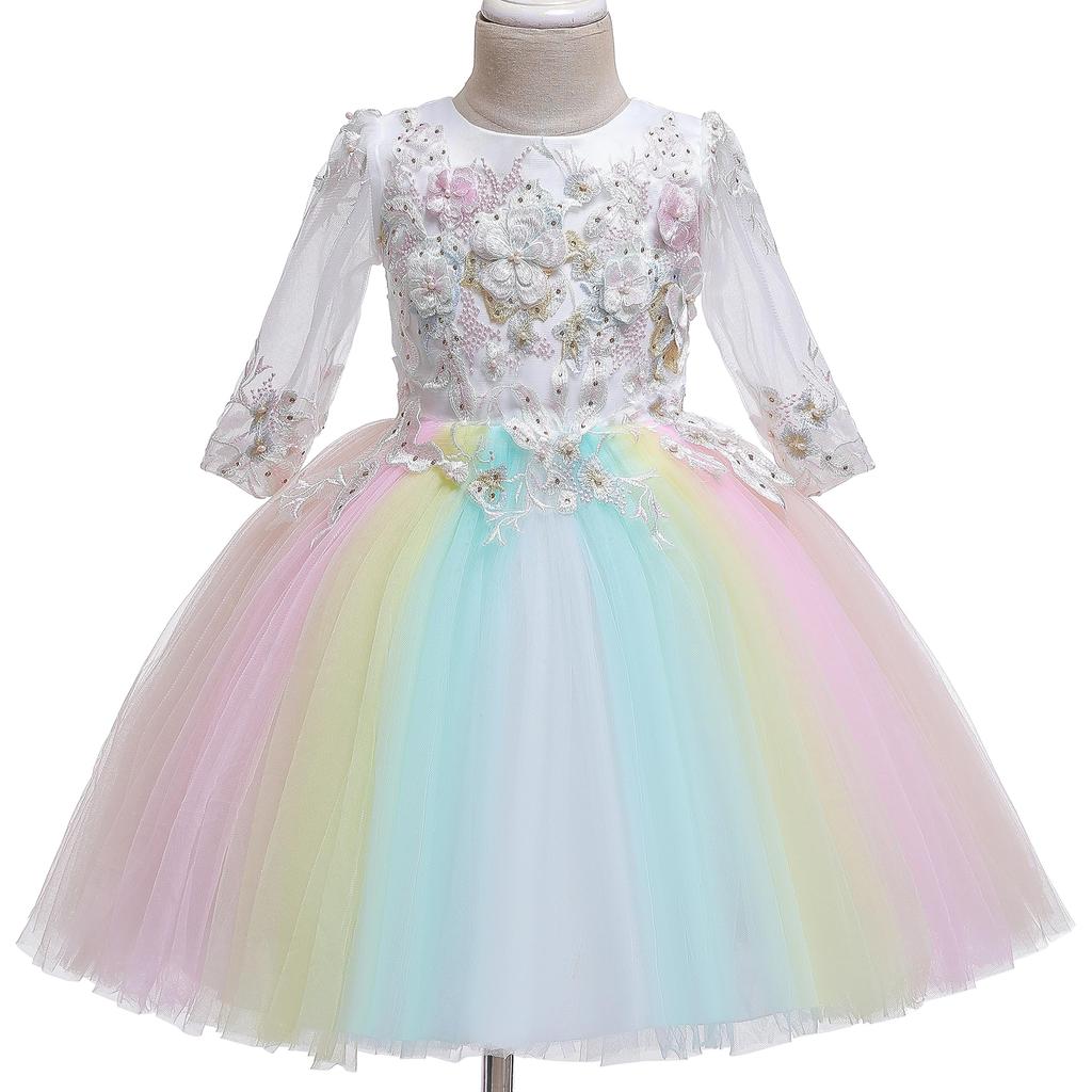 Weileenice Rainbow Size Dress with Embroidered Floral Tulle Rainbow Formal Wear for and Parties Children's Dress, 140, White, Girls' Sleeves, Lace,