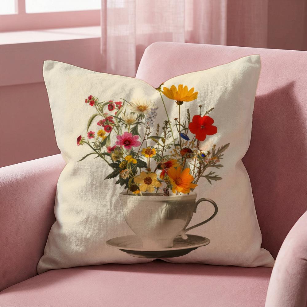 Painting Cup of Flowers Cushion Cover Multi-Scene Pillow Cover for Home & Car - Reversible, Soft & Durable for Daily Use