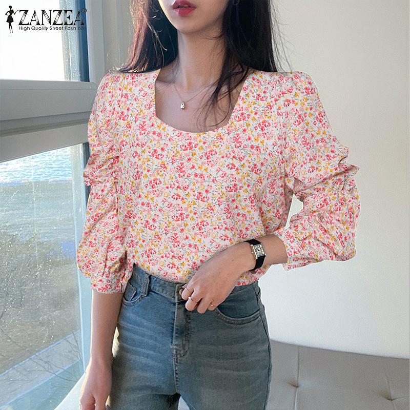 

ZANZEA Женская повседневная летняя блузка с квадратным вырезом и длинным рукавом с цветочным принтом