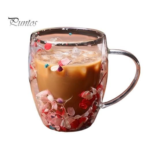 

Стеклянная кружка с двойными стенками и цветочным рисунком, 250 мл/350 мл, прозрачная эстетичная чашка для напитков с изолированной ручкой, украшение из настоящего цветка, двухслойное сохранение тепла 350ml B