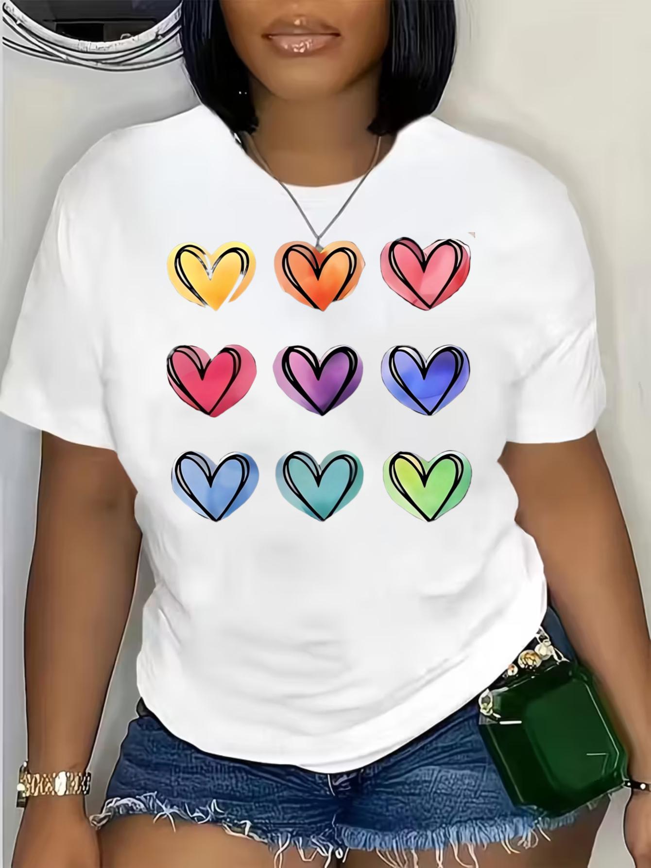 European size Women S Plus Size Oversized T-Shirt - White with Multicolor Heart Print S белый