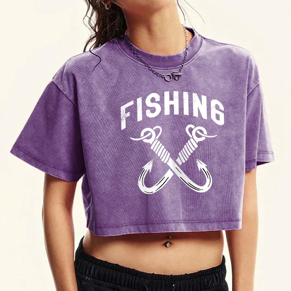 Fishing Fishhook Print Women Washed T-Shirt Fashion Y2K Short Sleeve Summer Cotton Crop Tee Top Retro T Shirt
