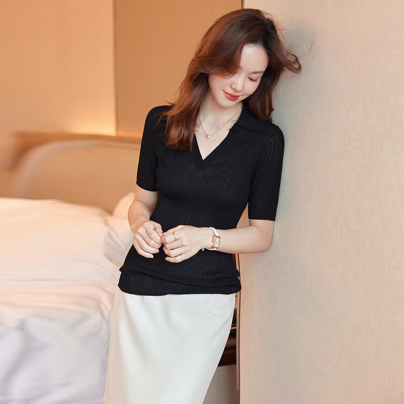 Women's Slim Fit Polo Knit Short Sleeve Top