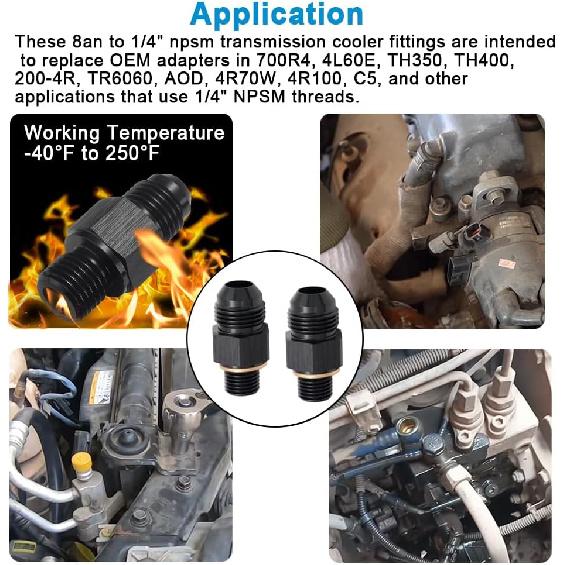 8AN Male Flare to 1/4" NPSM Transmission Cooler Adapter Fitting Aluminum Black,8AN Fittings,Fits TH350 TH400 4L60E 700R4 200-4R TR6060 AOD 4R100