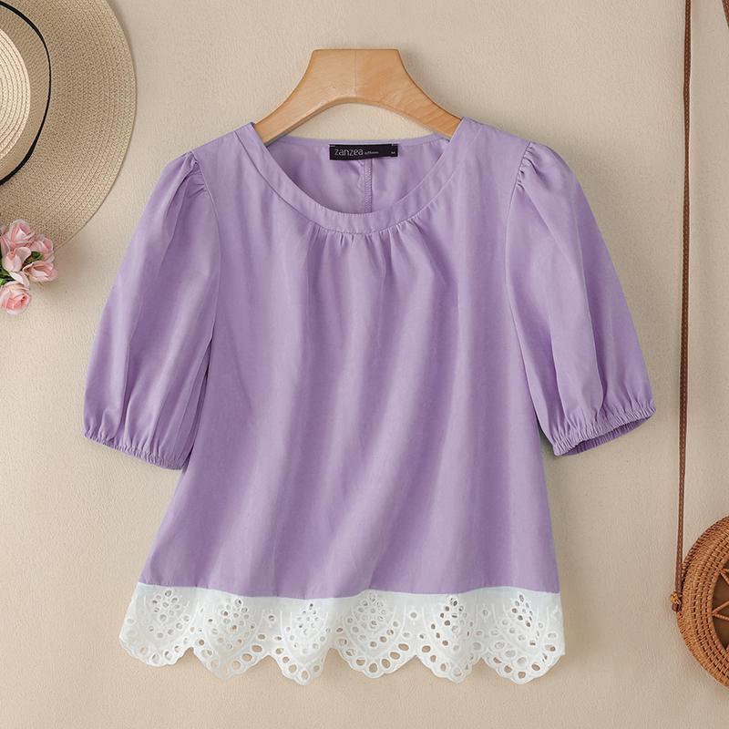ZANZEA Damen Casual Rundhals Kurzarm Spitze Einsatz Bluse