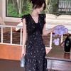 Black Lace Splicing Floral Dress Summer Vacation French Temperament Beautiful Oblique Cut Waist Pinch Dress