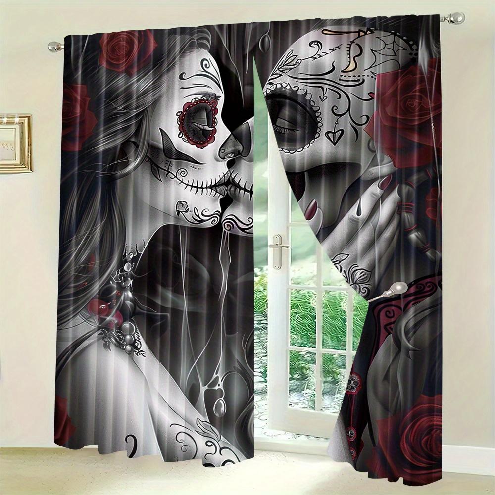 2PC Couple Skull Blackout Curtains - Woven Polyester Rod Pocket Drapes for Bedroom & Study, Modern Halloween Decor