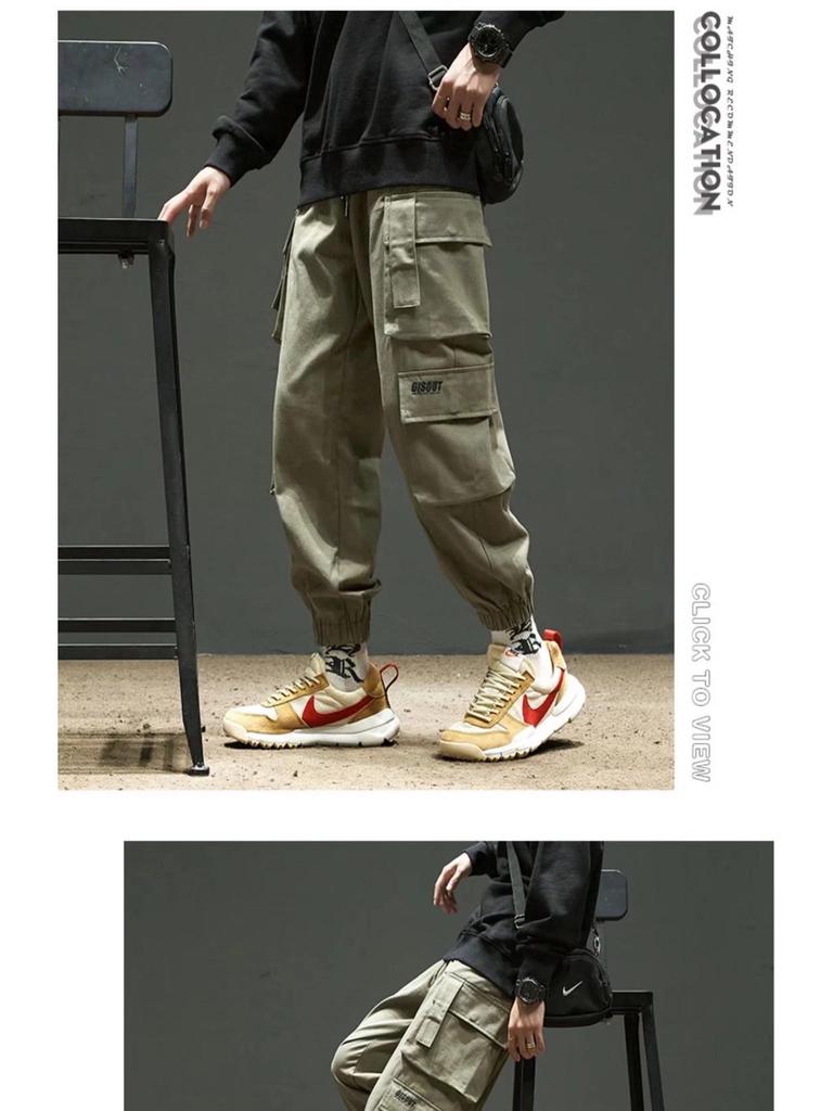 Men's American Trendy Multi-Pocket Loose Cargo Joggers - Military Green Parachute Pants, Casual Retro Style for Autumn.