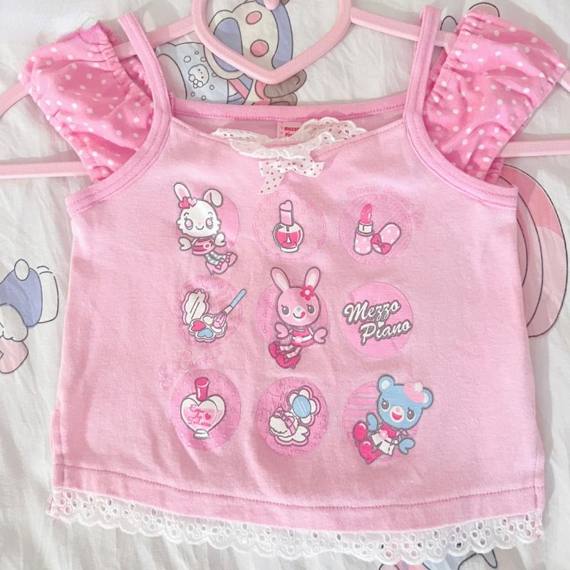 Sweet Japanese Cartoon Print Lolita T-shirt Women Y2k Aesthetic Ruffles Bow Crop Tops Girls Harajuku Grunge Kawaii Tees Summer