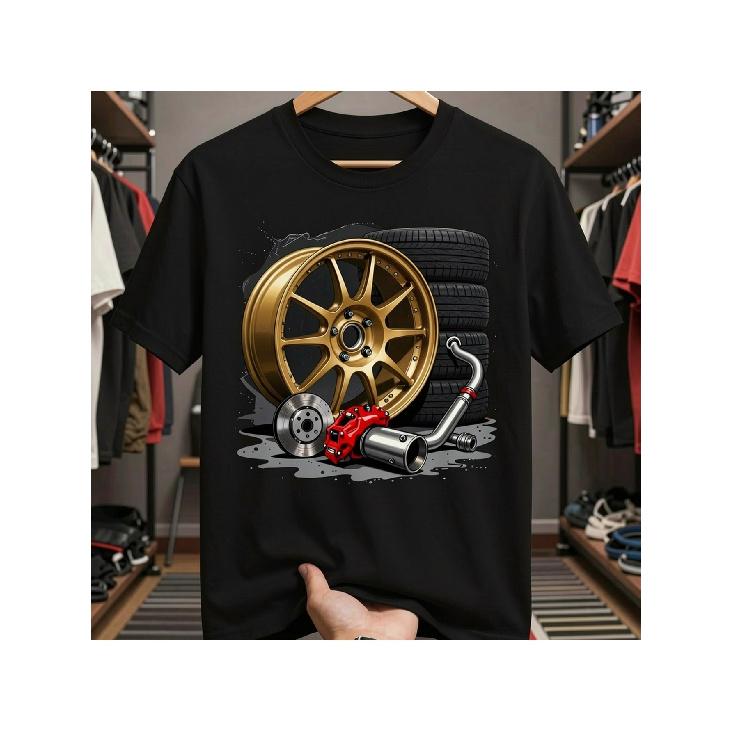 Men's Graphic Tee Featuring a Golden Alloy Wheel And Car Mechanic Design - a Lightweight And Breathable Summer Shirt Perfect for Car Lovers,