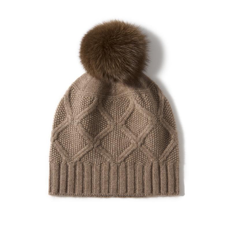 Cashmere Autumn and Winter New Women's Twist Outdoor Warm Diamond Shaped Fur Ball Ear Protection Knitted Casual Hat