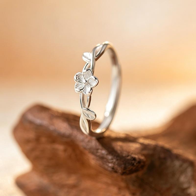 Five-Petal Flower Wreathed Artistic Forest Style Elegant Liatris Flower 925 Sterling Silver Opening Rings 02896