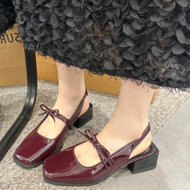 

Fashion Spring Baotou Sandals New Square Head Shallow Mouth Butterfly Knot A Word Buckle Strap Anti-slip Wear Thick Heel Shoes 35 вино красного