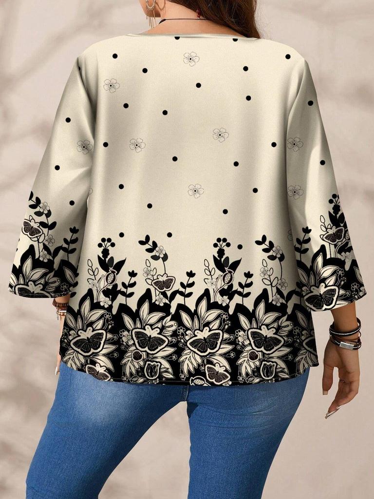 2025 Fashionable High-Quality Printed Round Neck Women's Top with Seven Sleeves - European & American Style