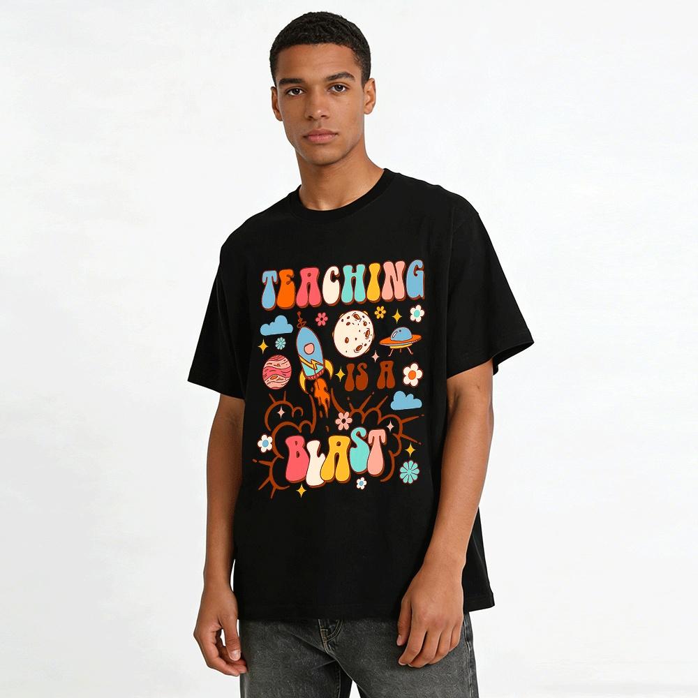 Space Themed Teaching Is A Blast Retro Teacher Graphic T-Shirt Pure cotton T-shirt