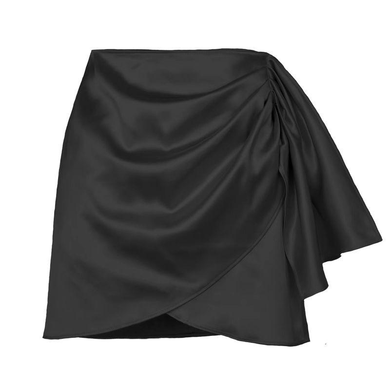 

Fashion Style Summer Asymmetrical Zipper Skirt Ruched Pure Color Satin High Waist Skirt Satin Skirt Black L
