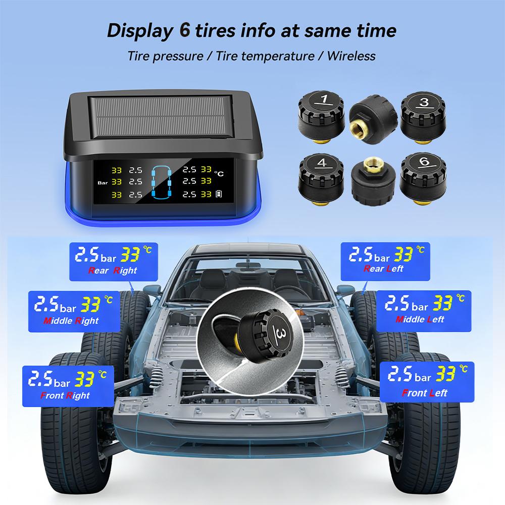 Monitoring system security alarm solar TPMS digital LCD display truck RV TPMS with indicator light warning car tire pressure alarm 6 external sensors