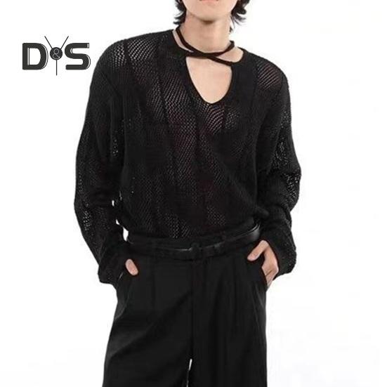 

Осень-зима мужской свитер с ажурной резинкой и длинными рукавами, однотонный трикотажный пуловер с V-образным вырезом, средней длины, теплый трикотаж L чёрный