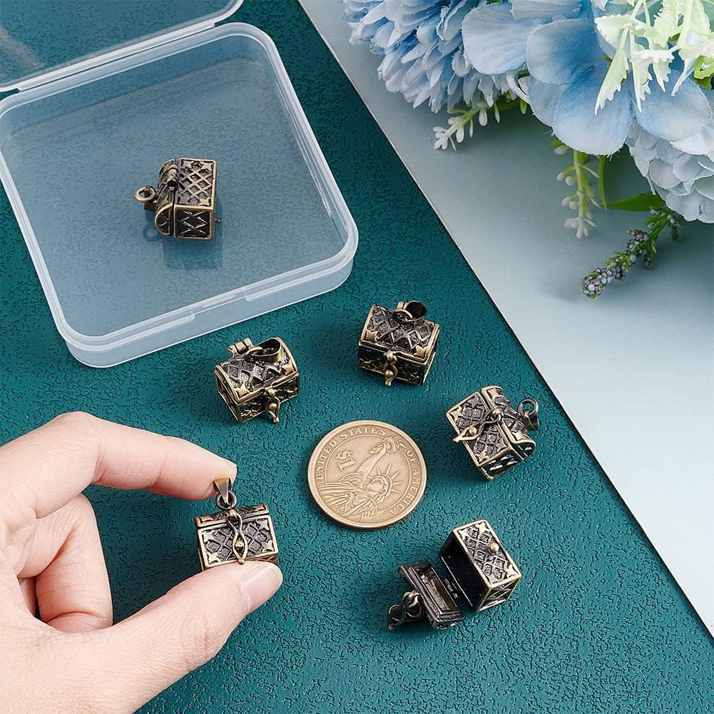 6Pcs Prayer Box Charm 24x16mm Box Charm Rectangle Antique Bronze Copper Magic Box Pendant Vintage Case Charm Mini Metal Box Charm for Memorial