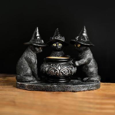 Halloween Black Cat Candlestick Resin Witch Cat Statue Tealight Candle Holder Gothic Figurine Table Centerpieces Home Decoration