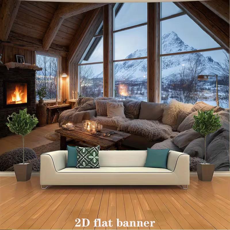 

2D Alpine Cabin Backdrop, Cozy Chalet Interior with Fireplace Photo Background for Studio Photography 47.2x31.5inch/120*80cm