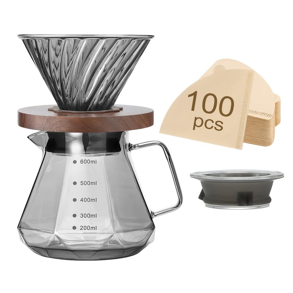 Pour Over Coffee Maker Set, 20oz/600ml Borosilicate Glass Carafe with 100 Pcs V02 Paper Filter, Walnut Handle & Glass Lid