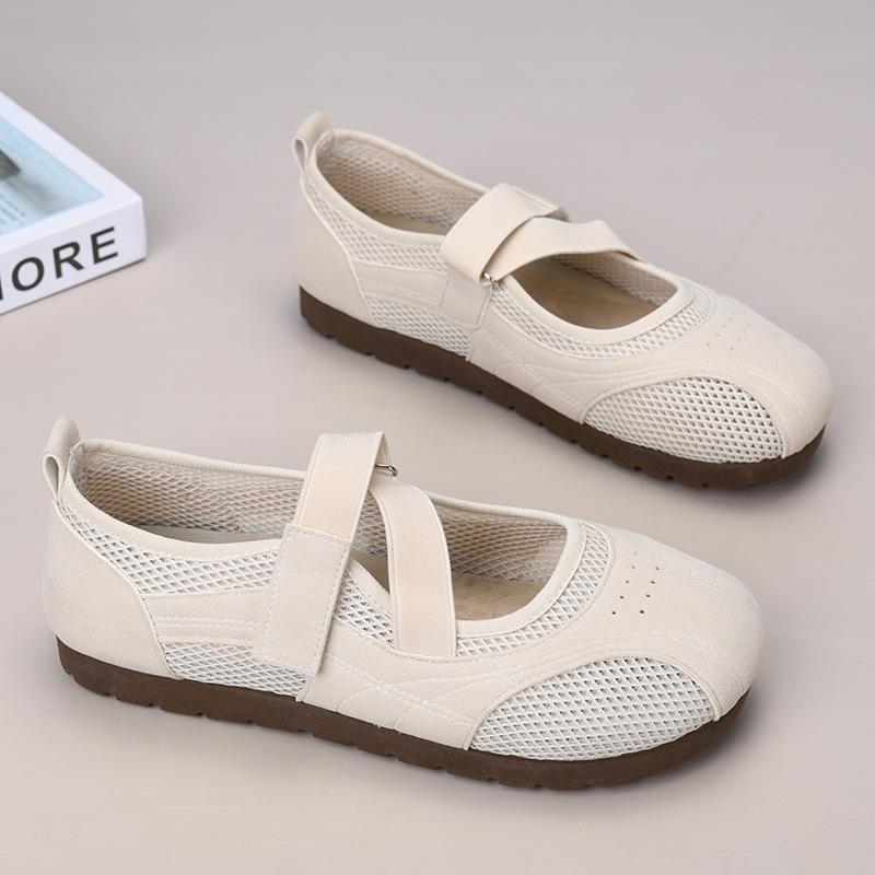 Women's New Sporty Mary Jane Shoes Breathable Mesh Hollow Out Ballet Flats Casual Mom Shoes