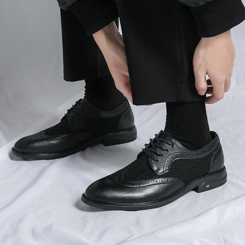 2024 New Summer Mesh Breathable Lace Up Casual Leather Shoes Fashion Brand Men's Blok Carved Comfortable Pointed Leather Shoes