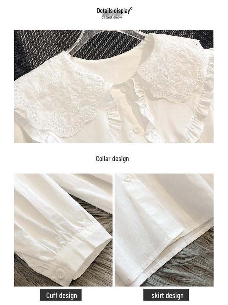 Women's Lace Peter Pan Collar White Blouse, Korean Style, Long Sleeve, Autumn/Spring 2023