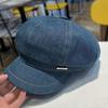 Women'S Denim Beret Hat with Metal Tag, Washed Distressed Design, Sun Protection, Inelastic, Stripe Craftsmanship, Versatile for Spring & Fall Outings